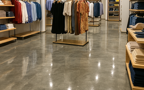 Revêtement époxy effet béton poli dans une boutique de vêtements à Lanaudière, réalisé par S.L Créations Epoxy.