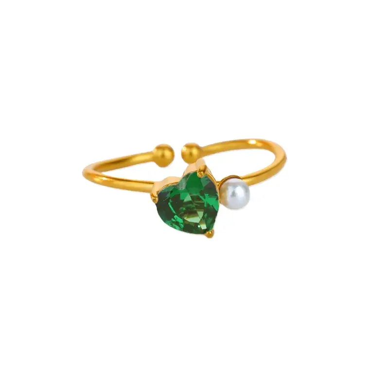 Thumbnail: Tanara Vintage Green Heart Zircon & Pearl Stainless Steel Adjustable Finger Ring