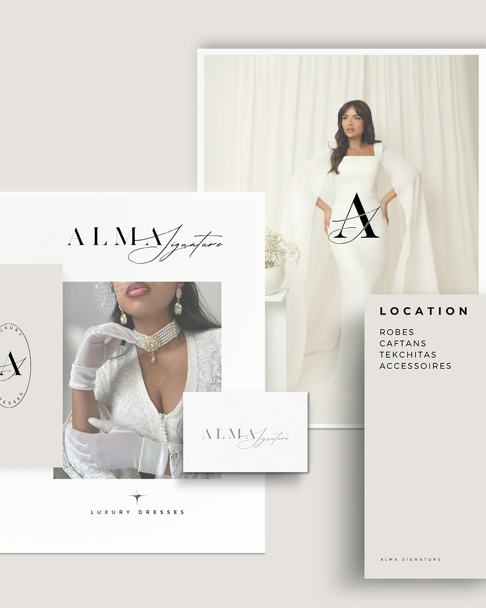 création logo ALMA, identité visuelle, papeterie, robe blanche, accessoires