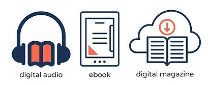 graphic includes headphones, tablet and cloud. Text says digital audio, ebook, digital magazine