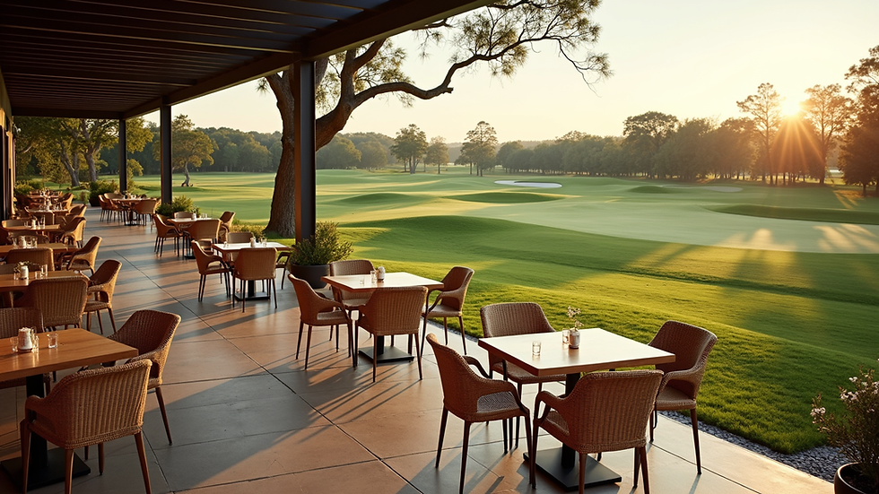 High angle view of golf course dining terrace with tables and chairs