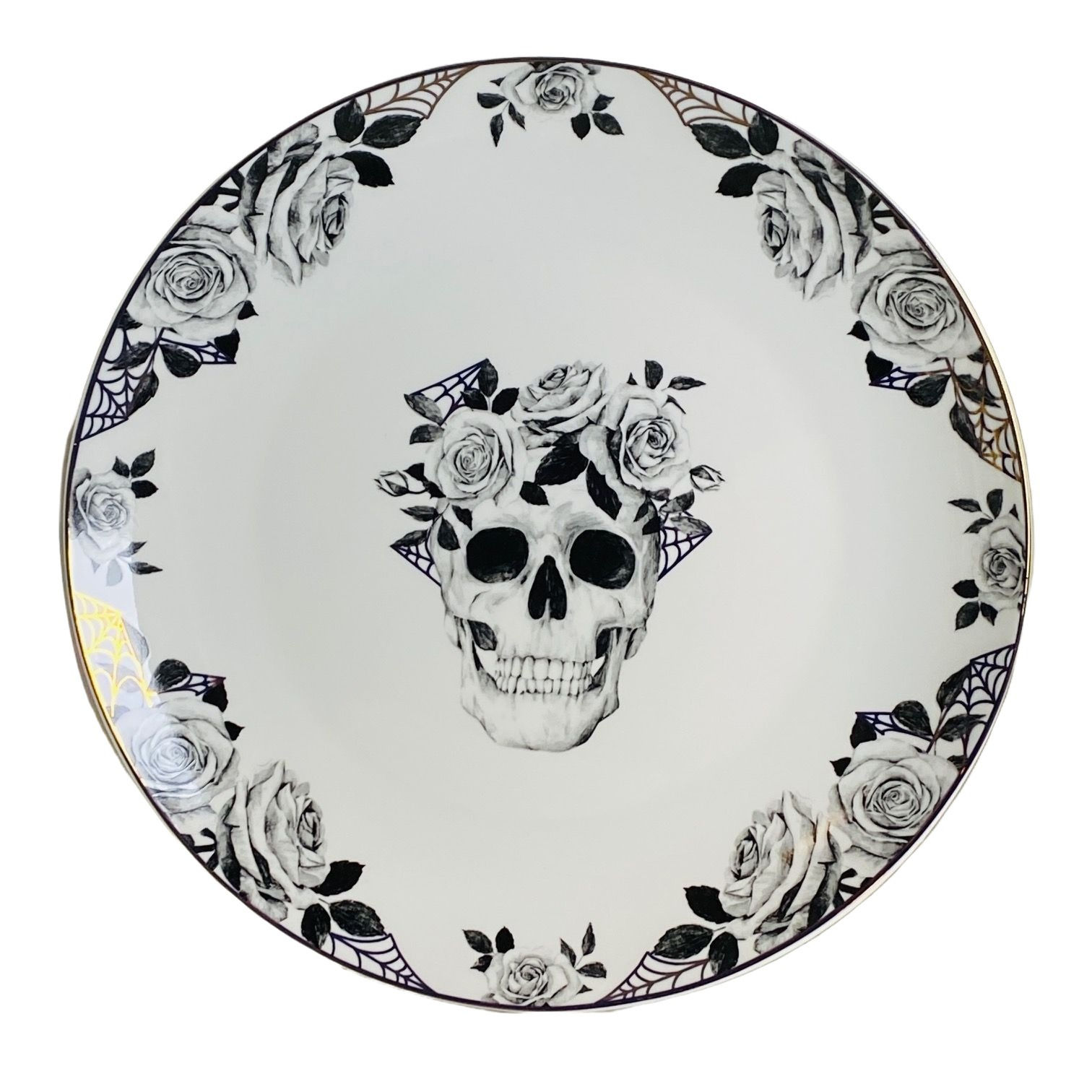 Eaton Fine Dining Halloween Skull Roses Gold Spider Webs Dinner Plates Set of 4