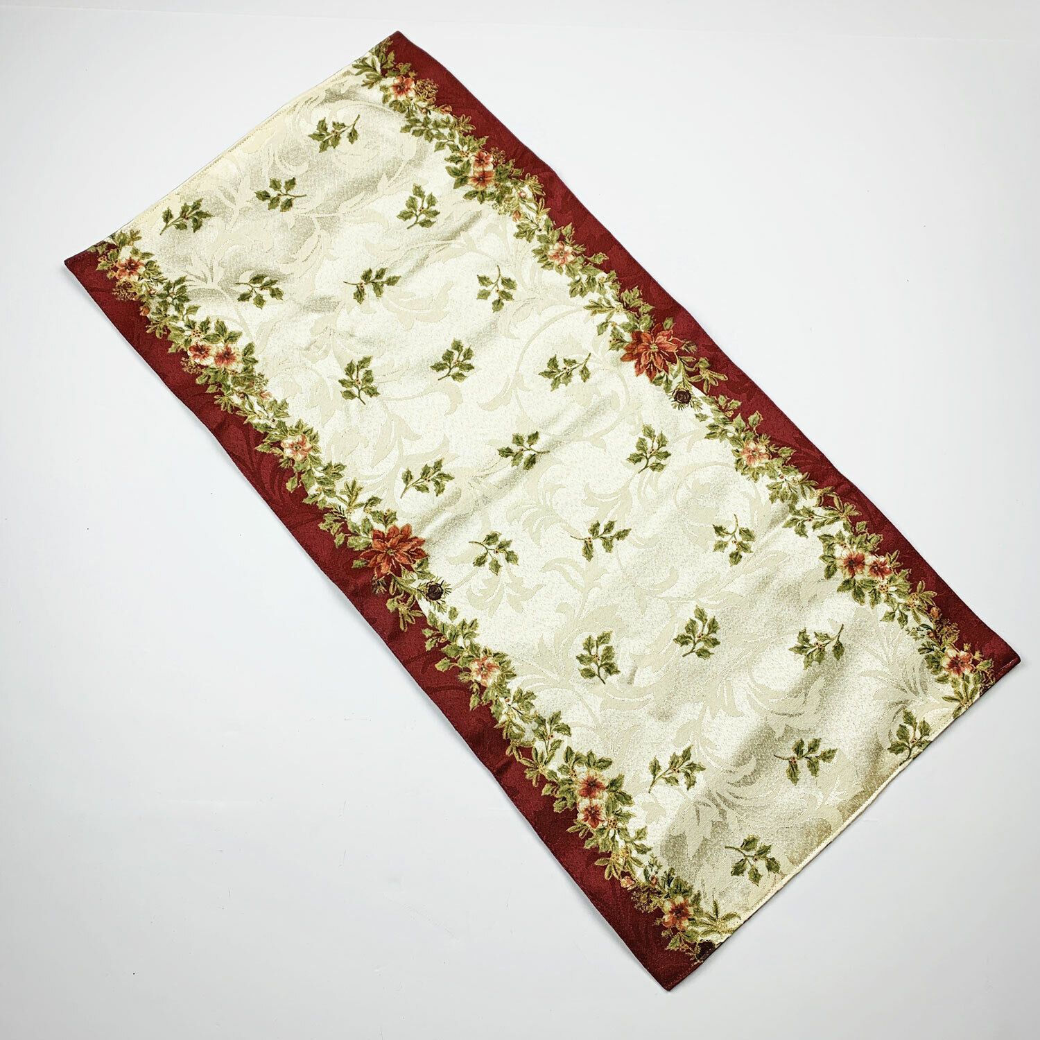 Christmas Winter's Garden Poinsettia Holly Damask 26.5" Table Runner