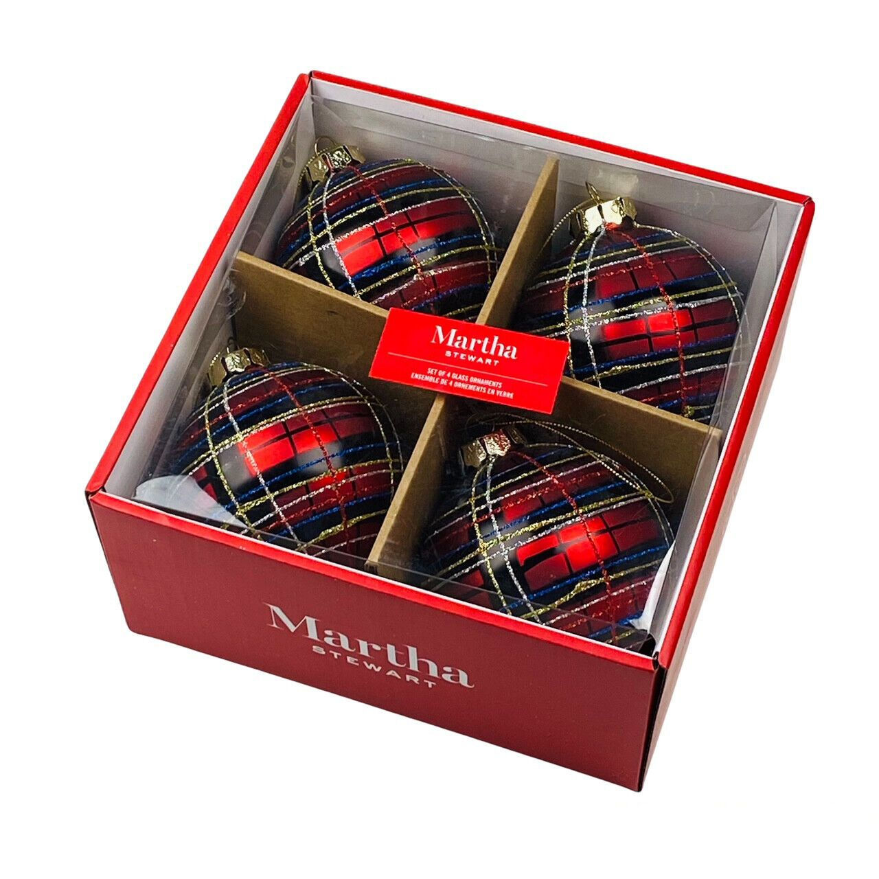 Martha Stewart Christmas Red Tartan Plaid & Glitter 4" Glass Ornaments Set of 4