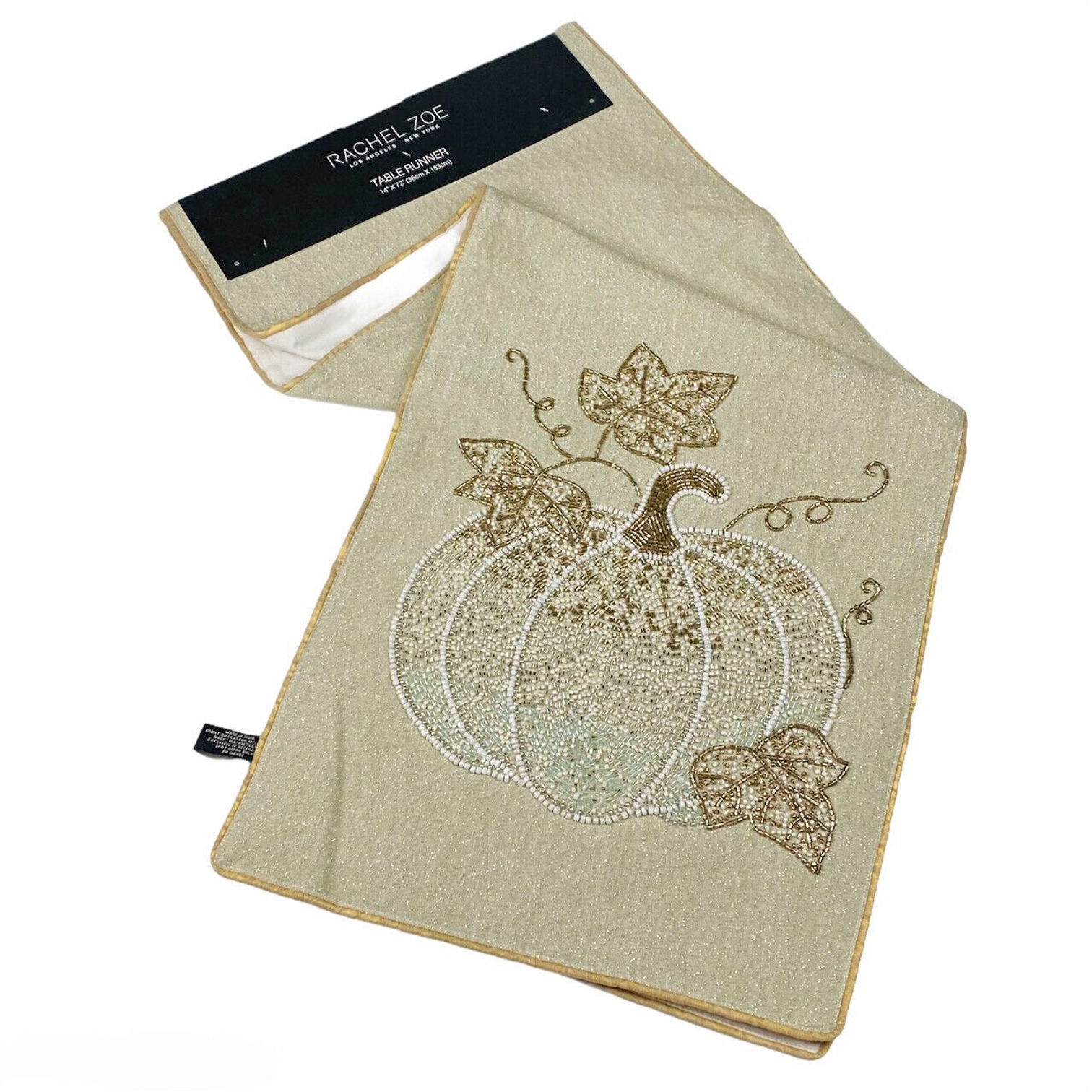 Rachel Zoe Thanksgiving Fall Holiday Gold Beaded Pumpkin 72" Table Runner