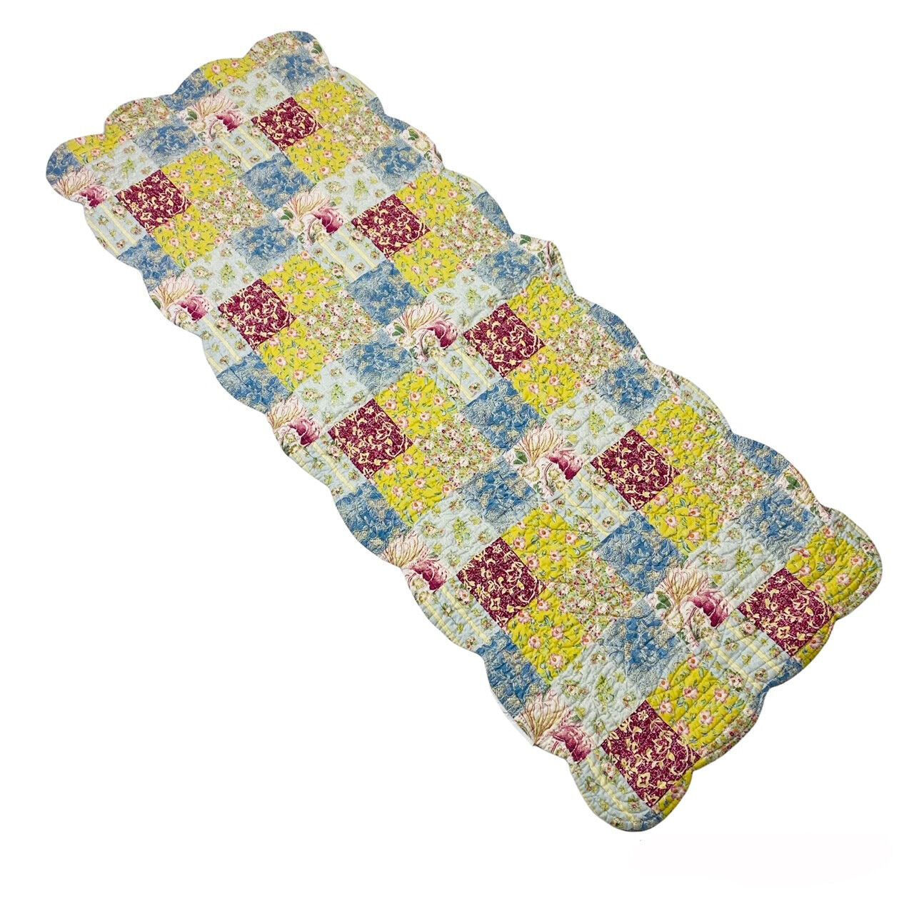 Quilted Cottage Floral Reverse Striped Scalloped Edge Cotton 36" Table Runner