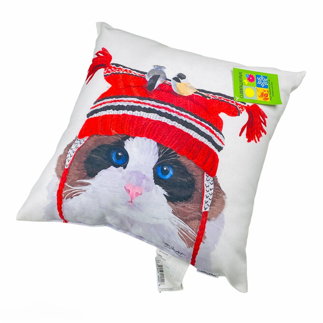 Christmas Cat with Birds on Hat Indoor Outdoor 18" Climaweave Toss Pillow
