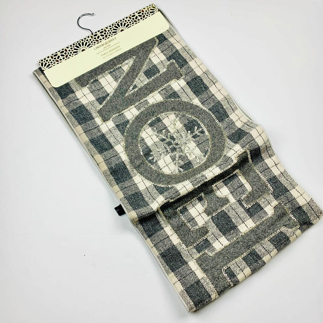 NOEL Beaded Snowflake Gray Plaid Wool Blend Table Runner ~ Cynthia Rowley