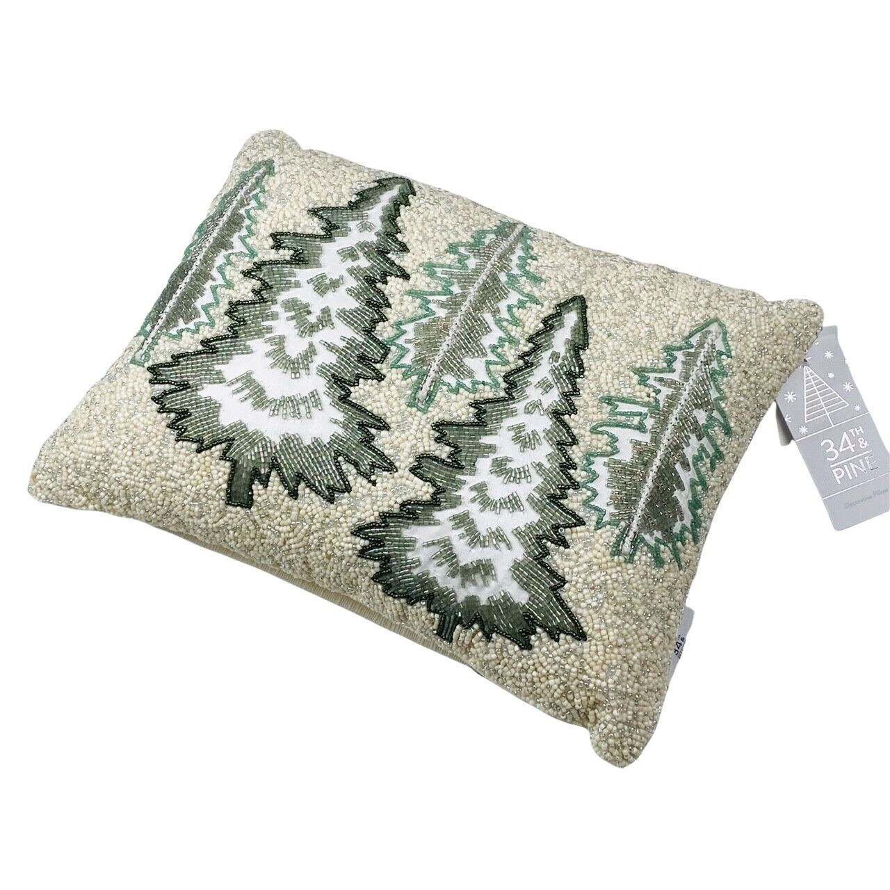 34th & Pine Christmas Trees White Green Silver 16" Beaded Holiday Decor Pillow