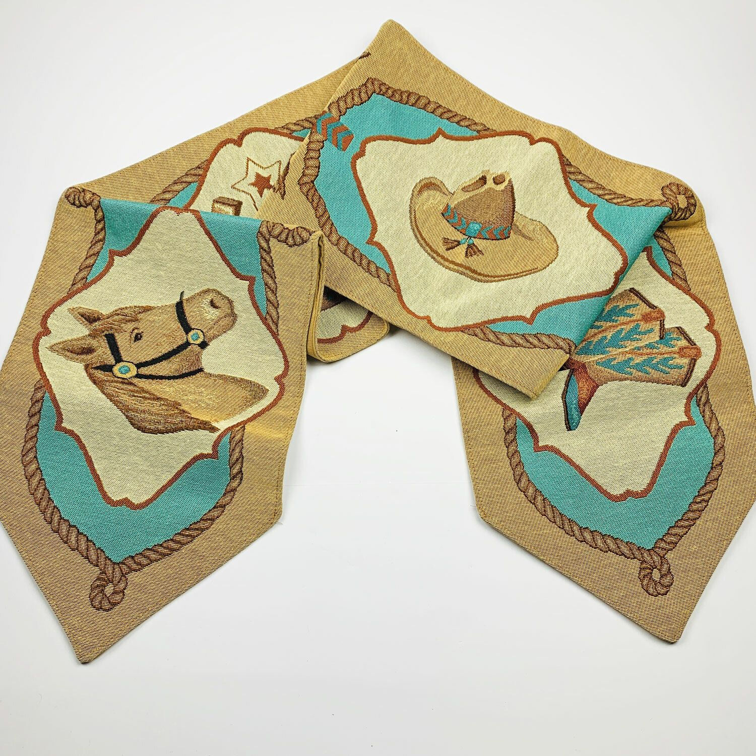 Western Cowboy Collage Horse Hat Boots Horseshoe 72" Tapestry Table Runner