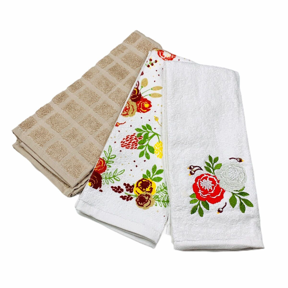 Fall Floral Tan Embroidered Printed Solid Cotton Kitchen Towels Set of 3