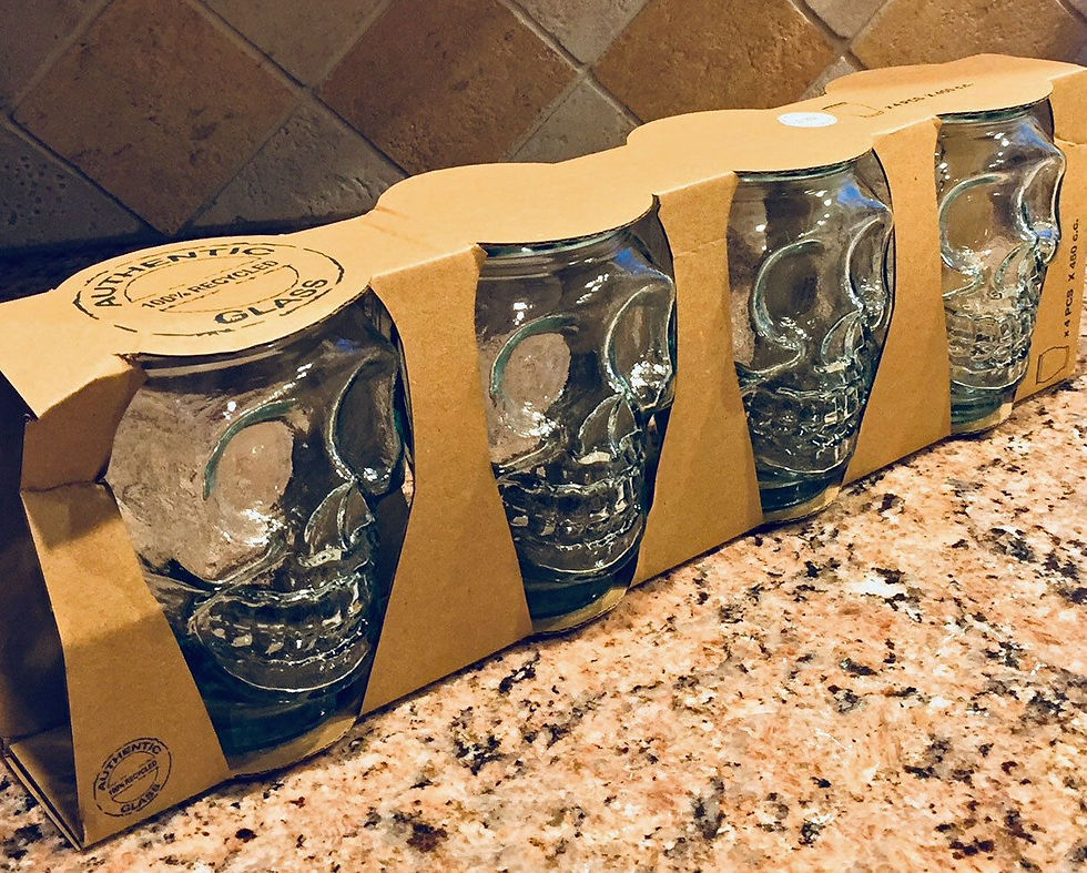 Halloween Skull Glasses Set of 4 ~ Recycled Green Tint Glass 5"H by San Miguel