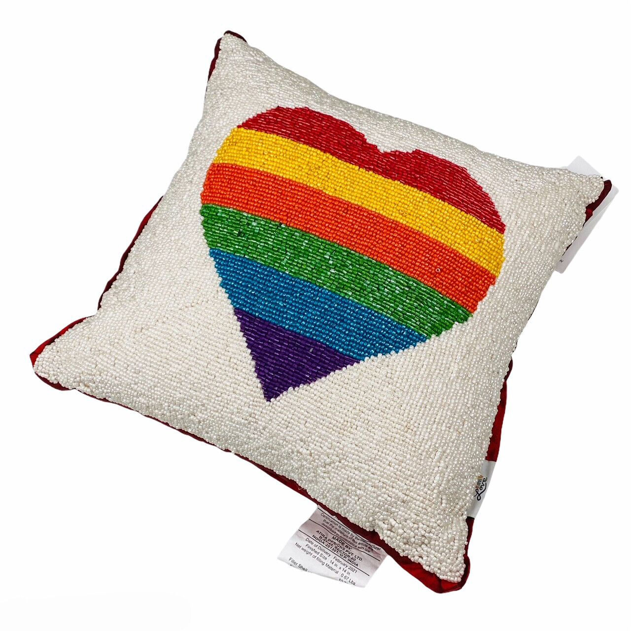 LOVE Gay Lesbian Pride LGBTQ Rainbow Flag Heart Beaded Square 14" Pillow