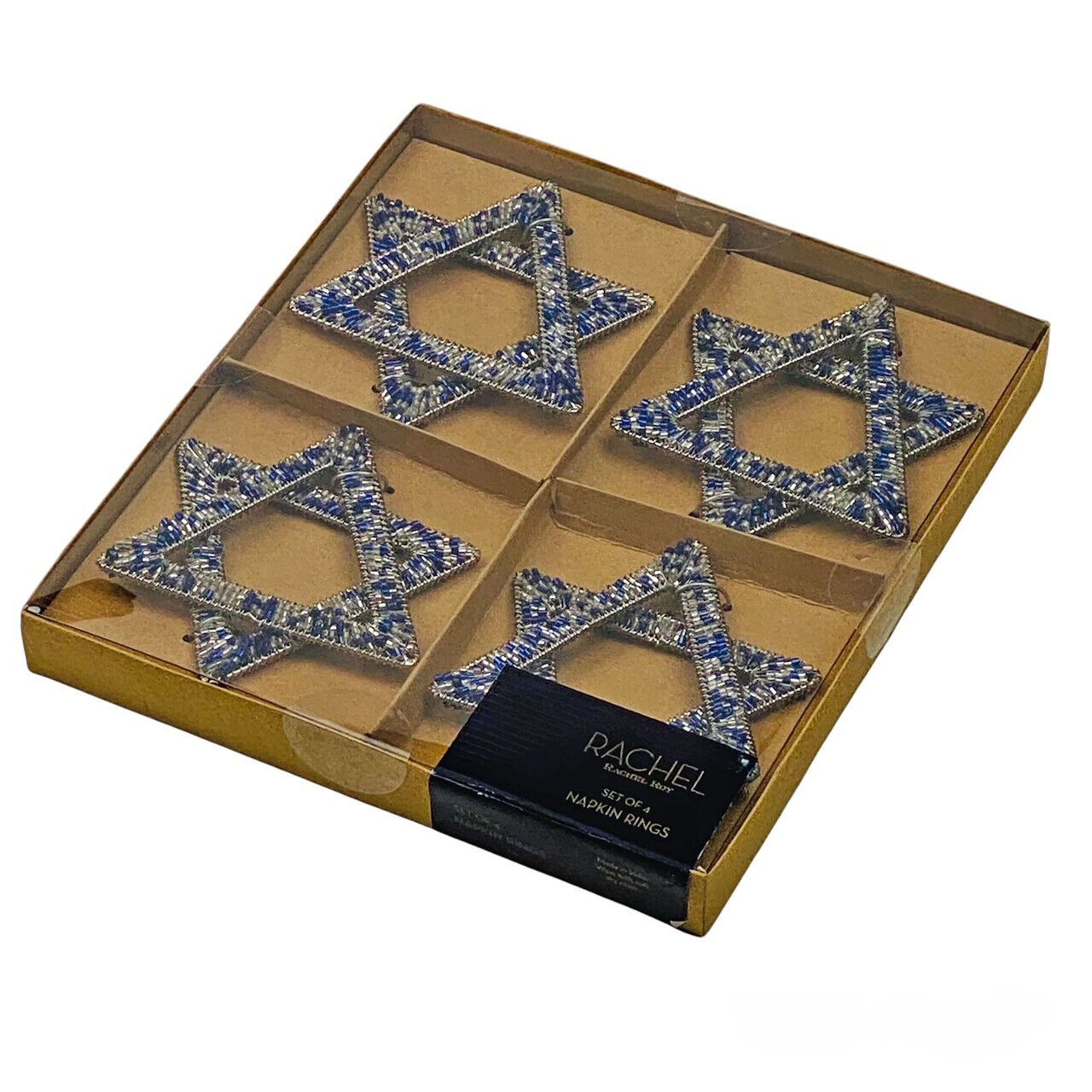 Rachel Zoe Hanukkah Star of David Judaism Beaded Blue Silver Napkin Rings Set 4