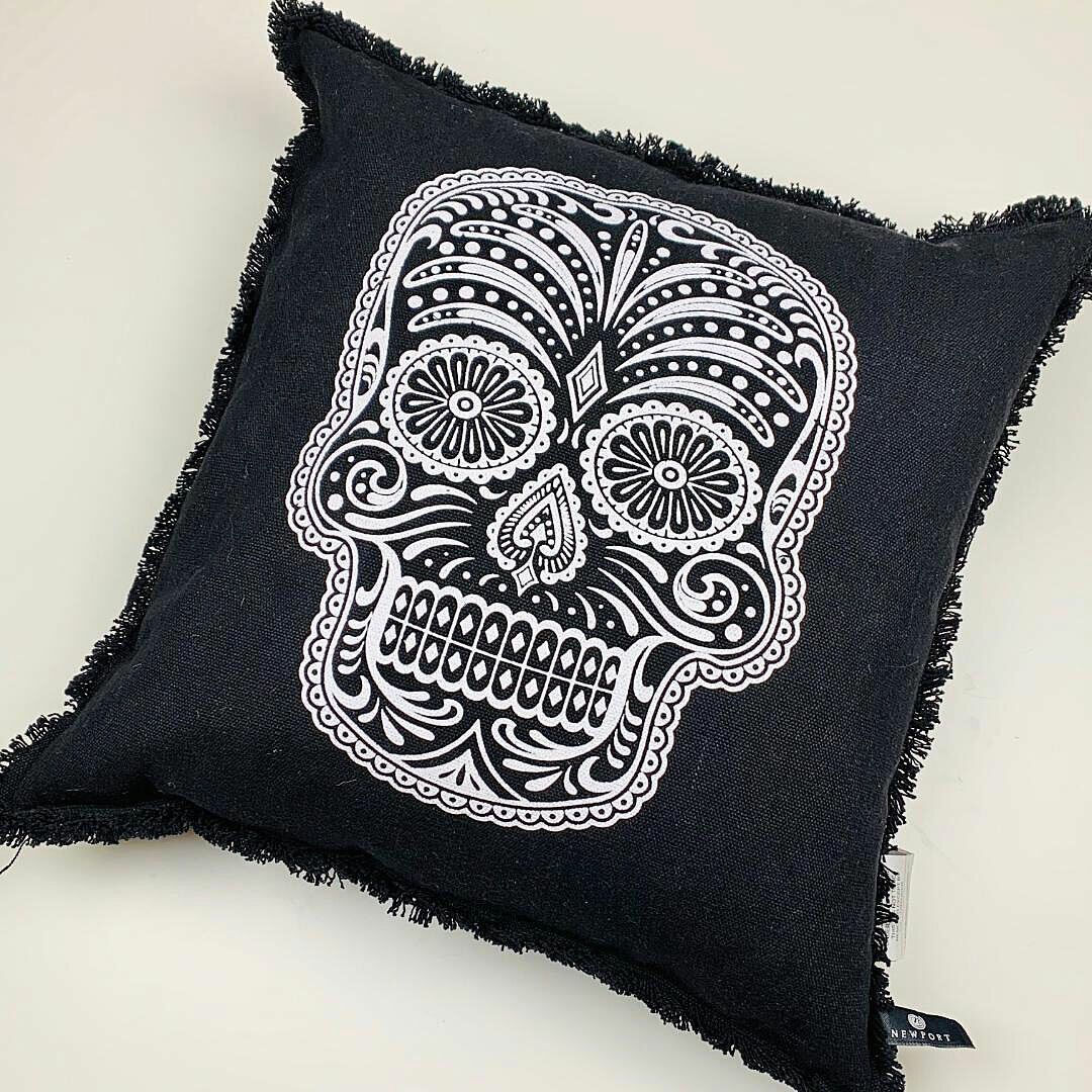 Halloween Sugar Skull Day of The Dead 20" Black & White Cotton Square Pillow