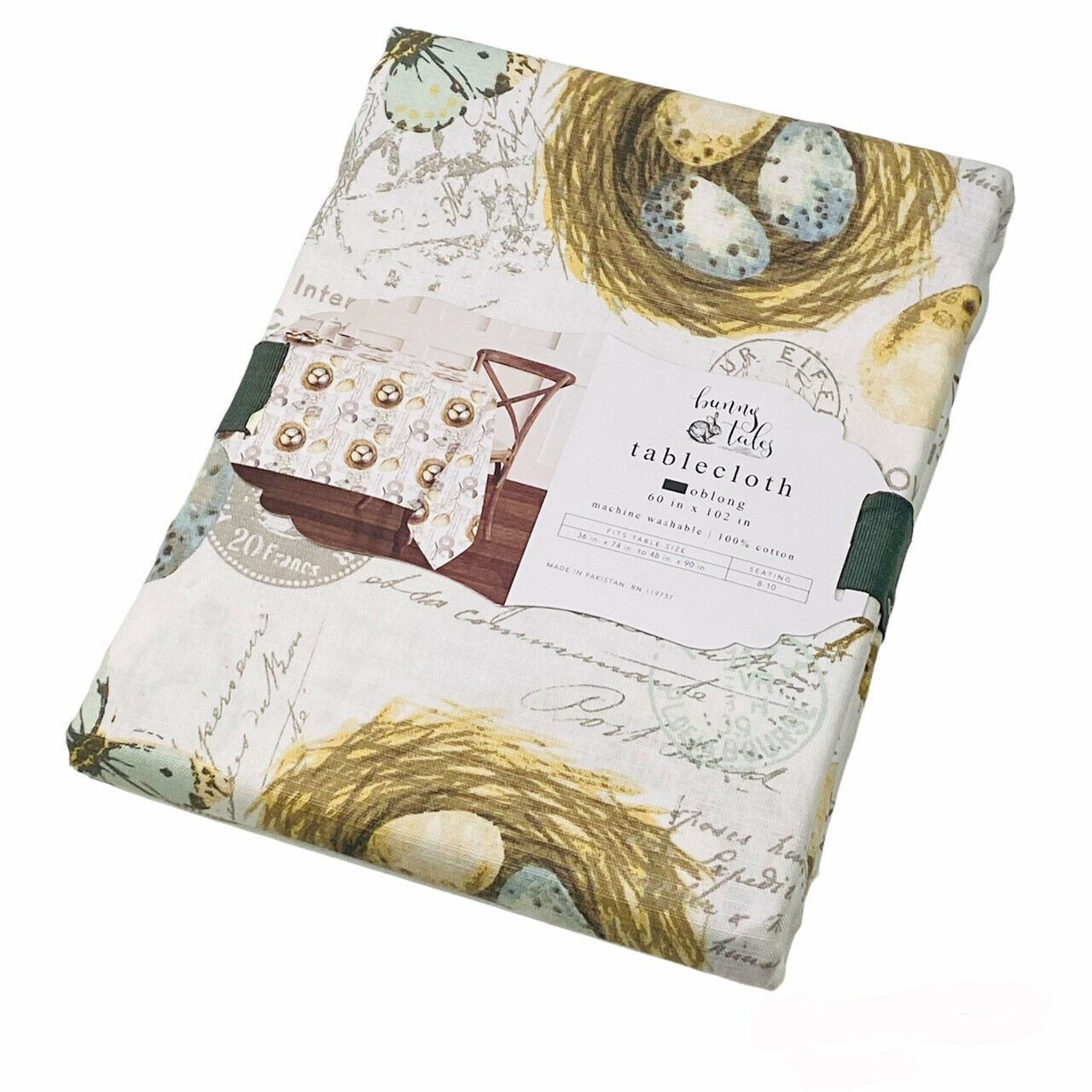 Bunny Tales Spring Easter Robin Eggs in Nest Paris Script 60"x102" Tablecloth