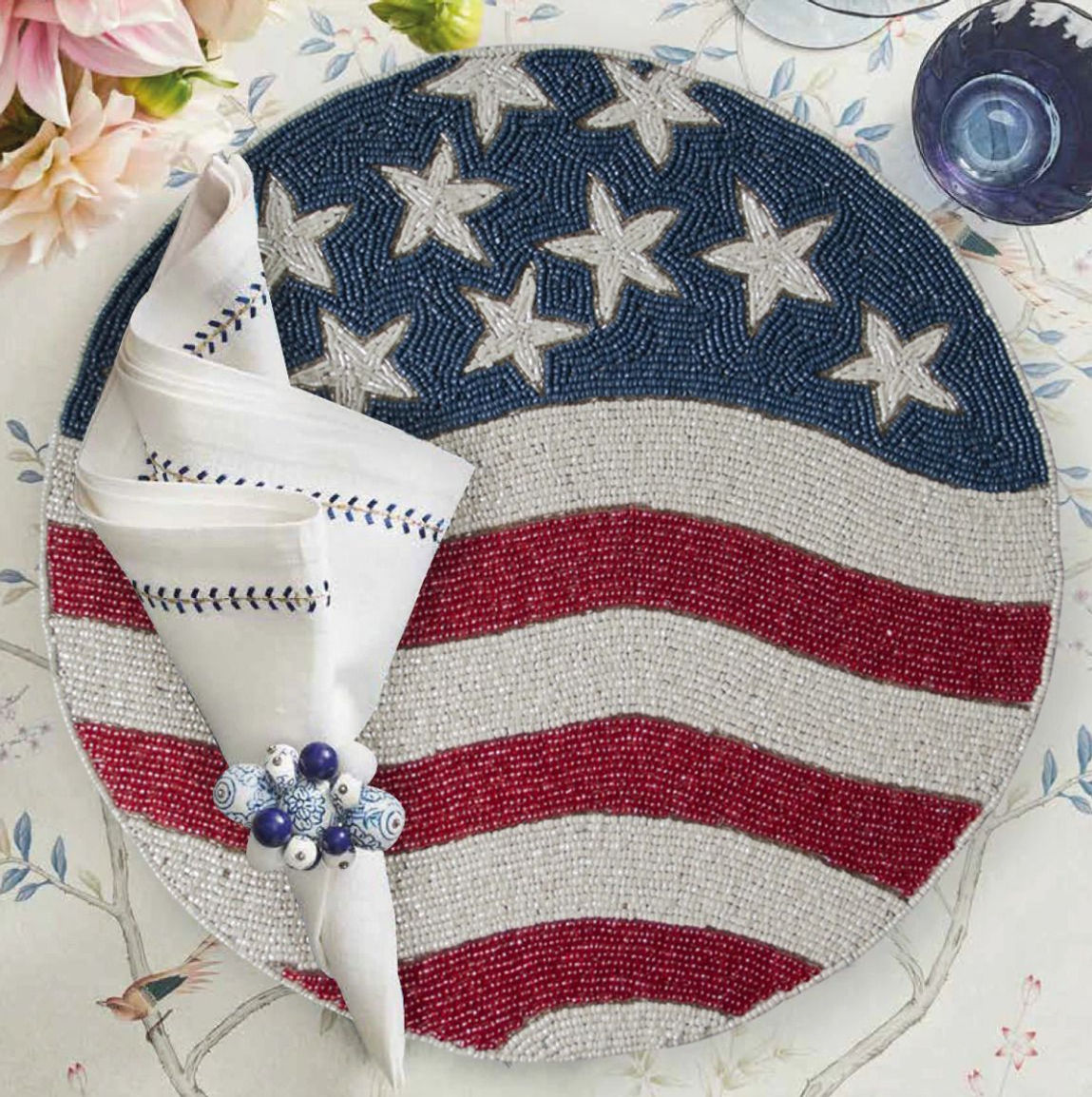 July 4th USA Patriotic America Flag II Beaded Round 14" Charger Placemat