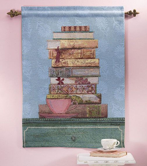 Novel Story ~ Book Lovers Stack of Books & Cup of Tea Tapestry Wall Hanging