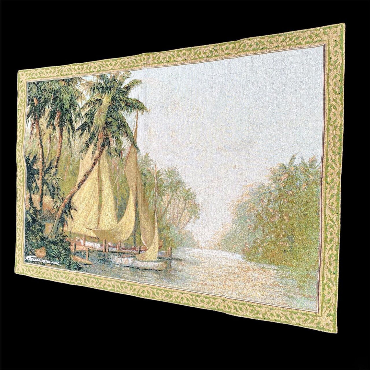 Rum Cay Tropical Port Sailboat Dock Palm Trees Grande Tapestry Wall Hanging