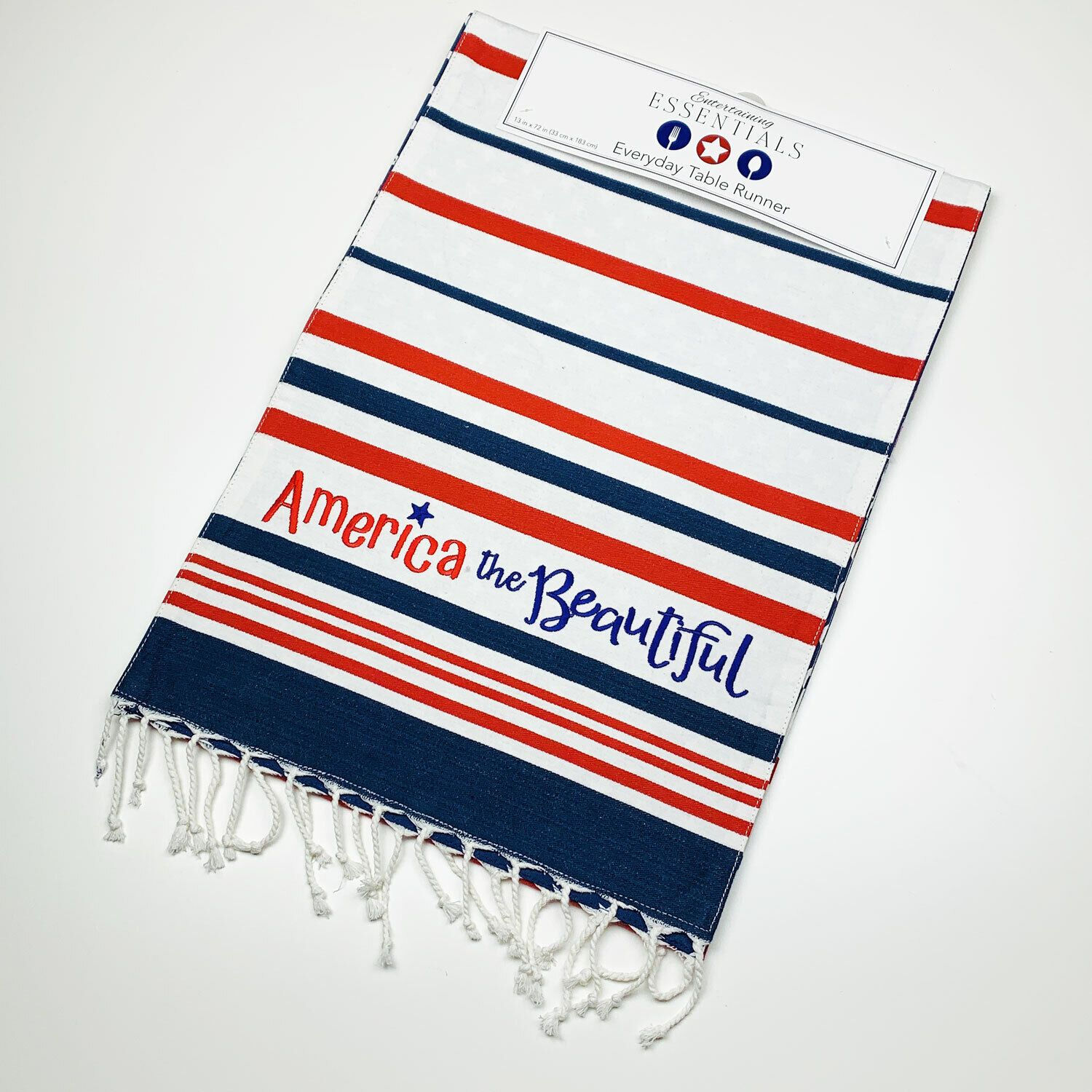 America The Beautiful 4th of July Red White Blue Striped Cotton Table Runner