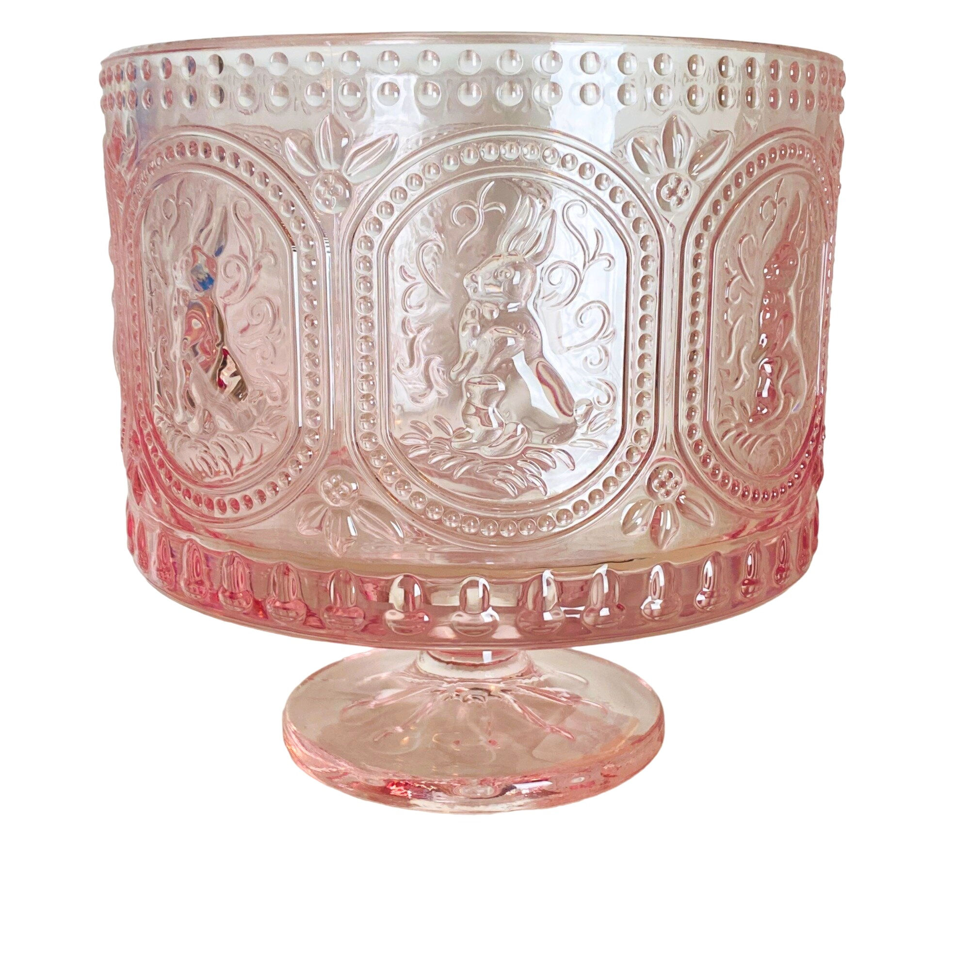 Pink Embossed Easter Bunny Rabbits Hobnail Large Trifle Pedestal Serving Bowl