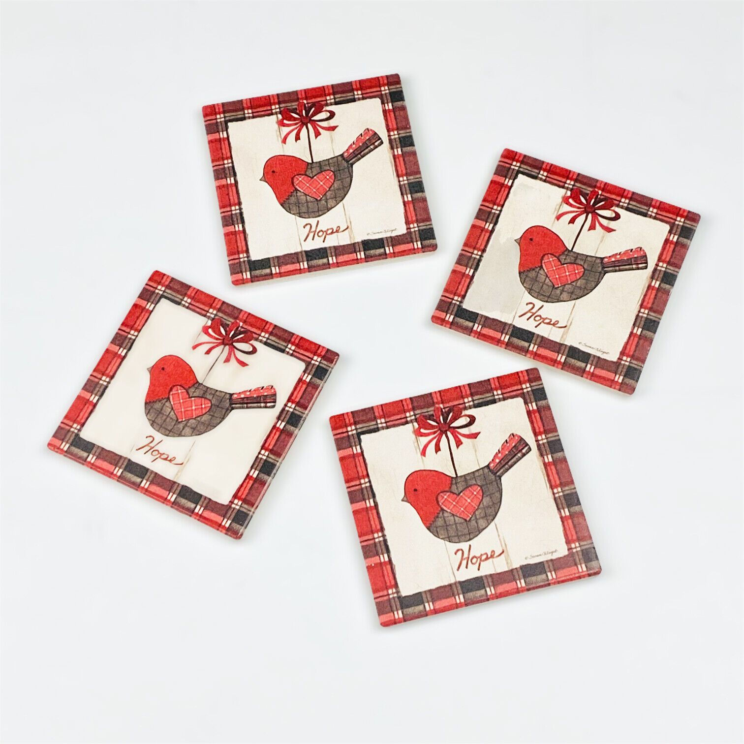 Christmas Holiday Plaid Bird Hope Tumbled Tile Stoneware Coasters Set of 4
