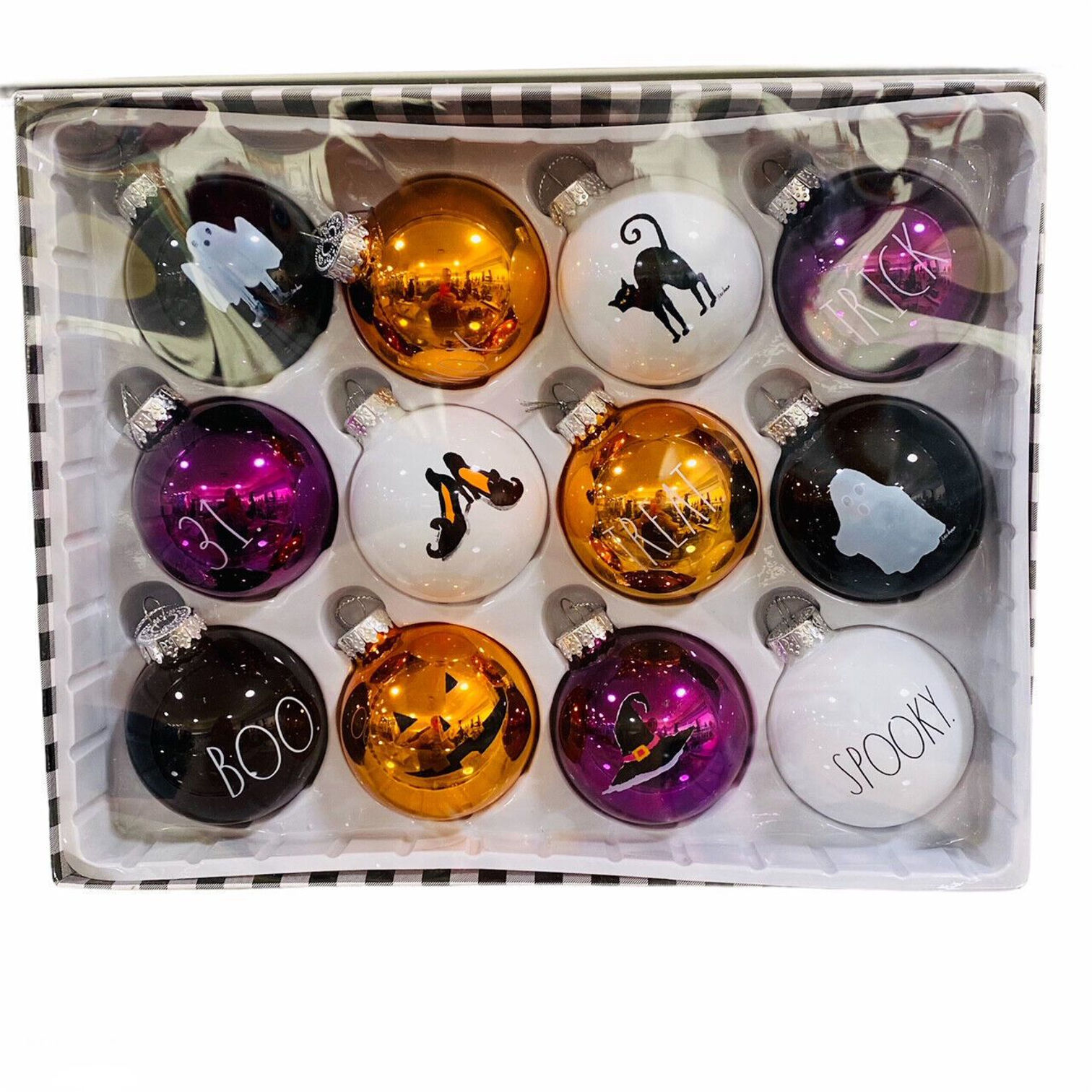 Rae Dunn Halloween Glass Ball Ornaments Set of 12 Ghost Boo Trick Treat Cat