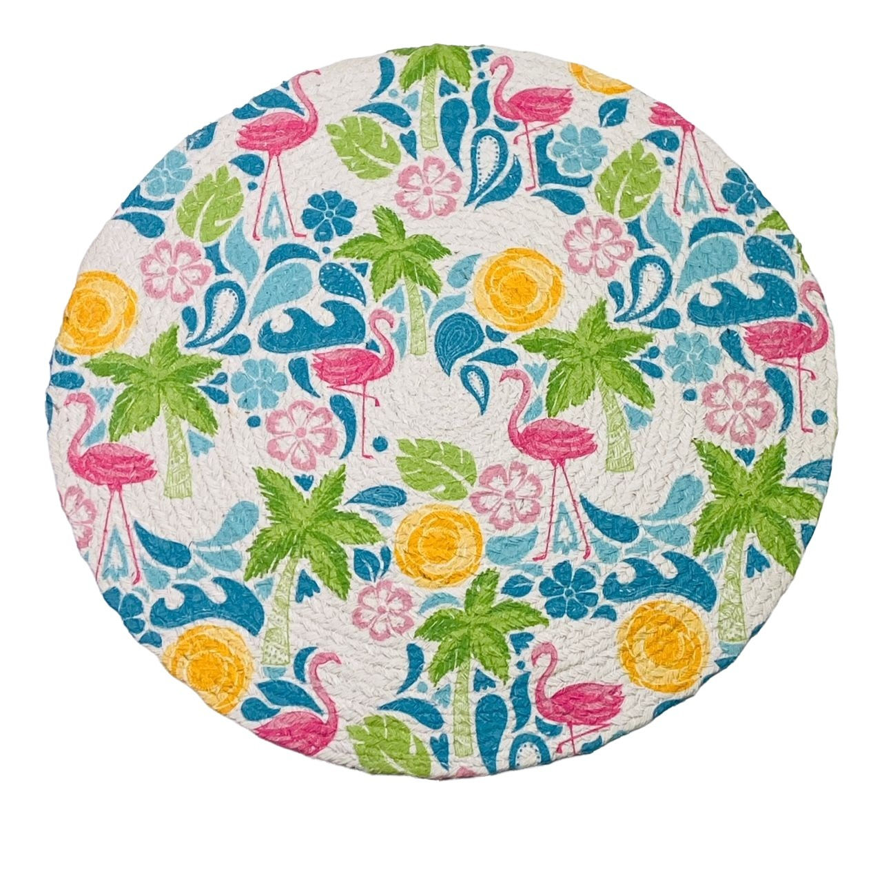 Palms Trees Pink Flamingo Summer Sun Braided Single Round Placemat