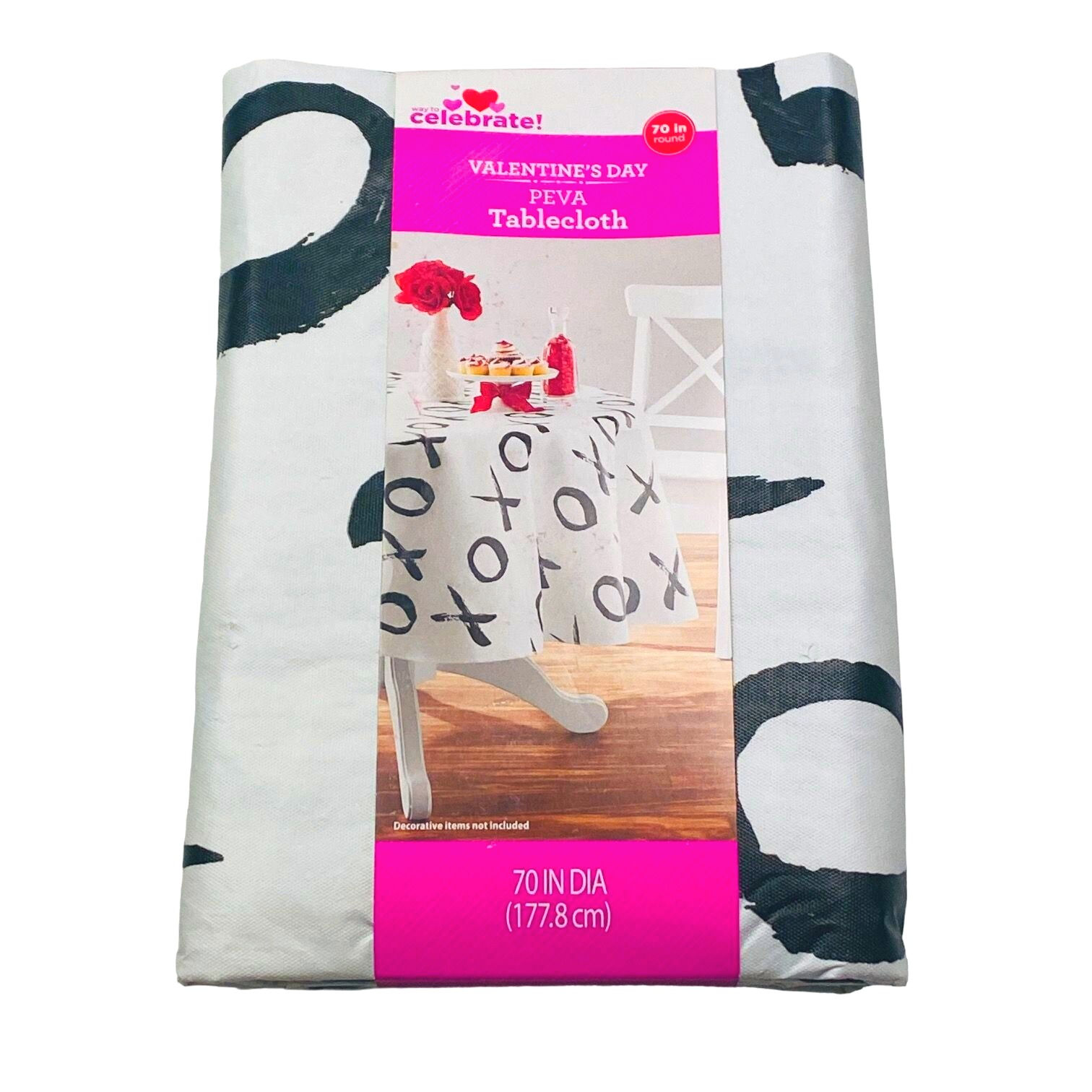 Way to Celebrate Valentines Day XO Kisses Hugs PEVA Vinyl Tablecloth 70" Round