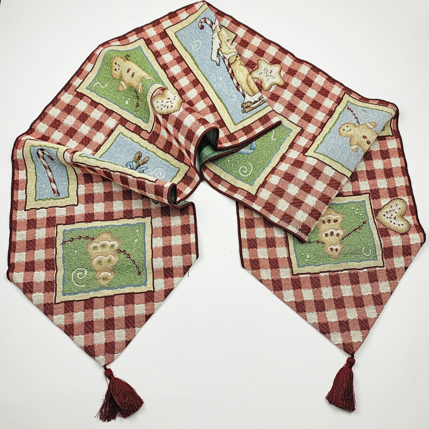 Gingerbread Kitchen II Christmas House Gingham Red 72" Tapestry Table Runner