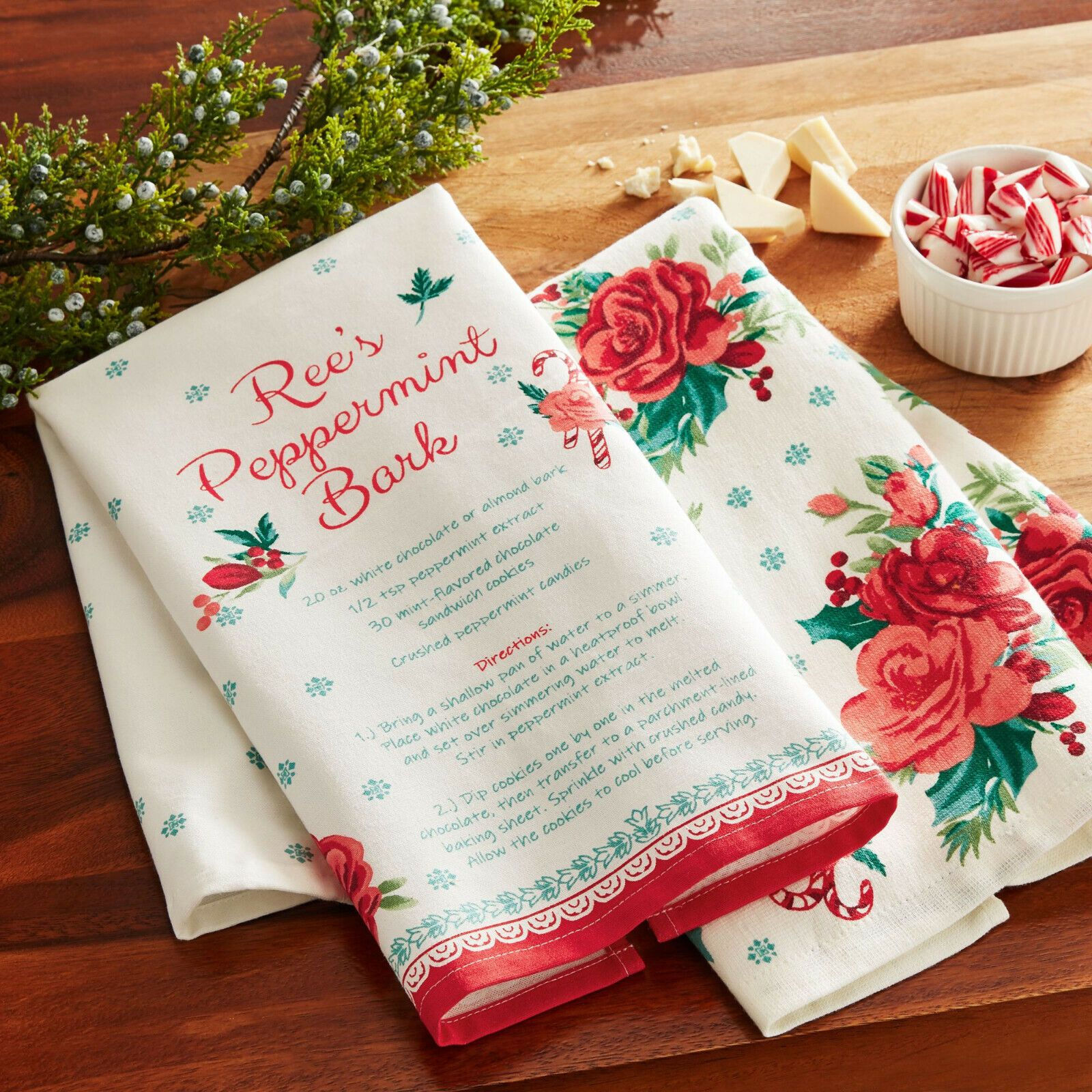 The Pioneer Woman Christmas Rose Peppermint Bark Cotton Kitchen Towels Set of 2
