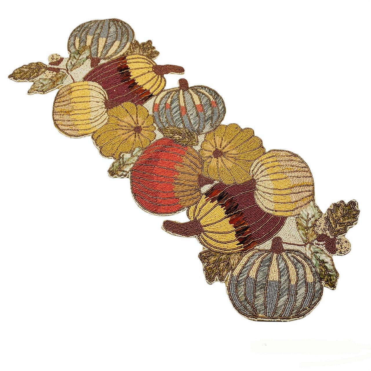 Tahari Pumpkin Patch Autumn Fall Pumpkins Beaded & Woven 36" Table Runner