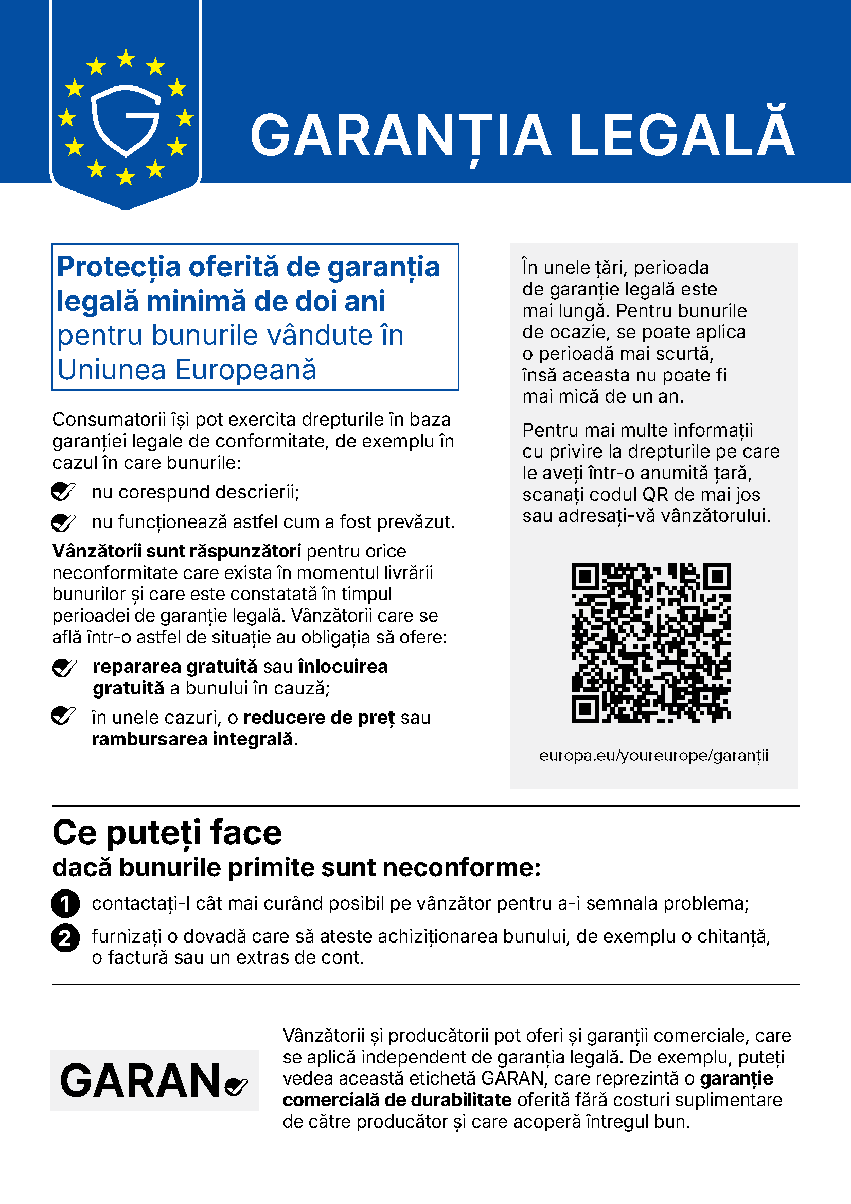 Notificarea armonizată a Uniunii Europene privind garanția legală: protecția oferită de garanția legală minimă de doi ani pentru bunurile vândute în Uniunea Europeană
