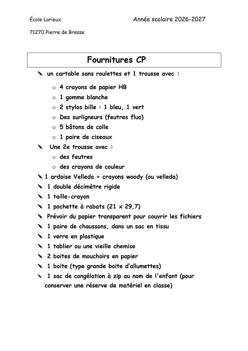 Fournitures famille CP rentrée 2026 ecole lorieux pierre de bresse 71