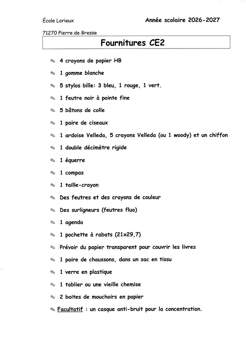 Fournitures familles CE2 rentrée 2026 ecole lorieux pierre de bresse 71
