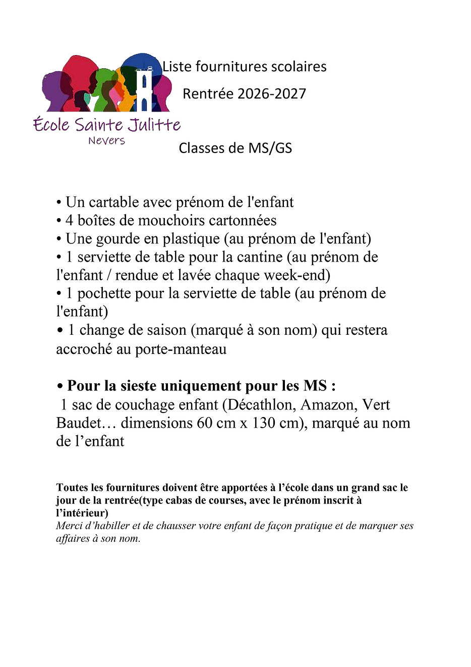 fourniture ms gs ecole privee sainte julitte nevers