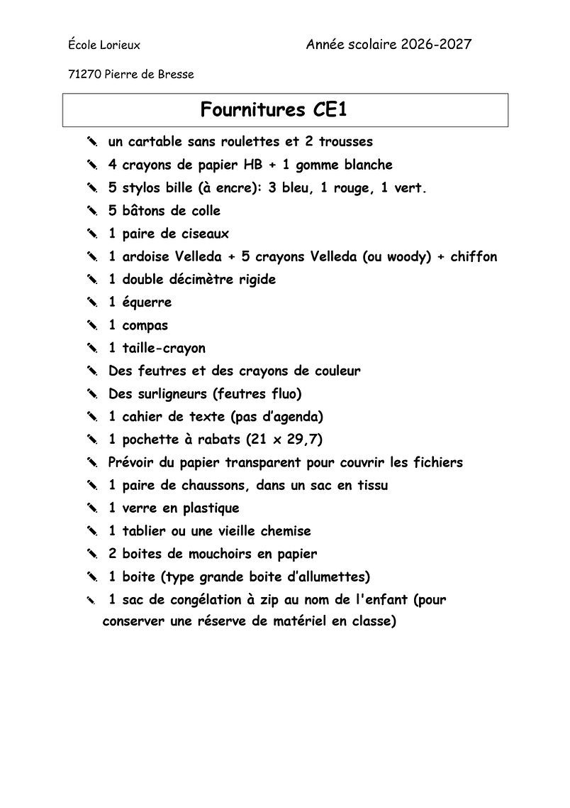 Fournitures famille CE1 rentrée 2026 ecole lorieux pierre de bresse 71