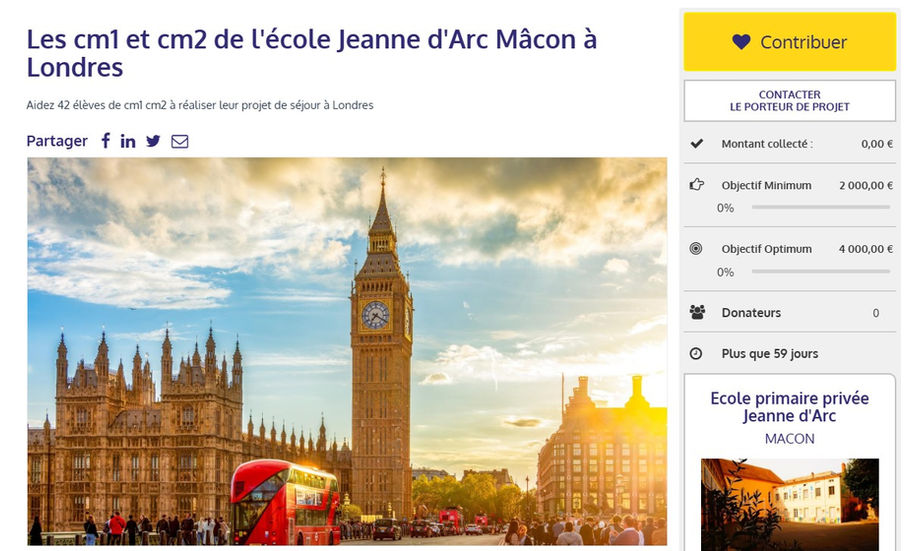 Appel aux dons partiellement défiscalisables pour le voyage à Londres classe CM1 CM2