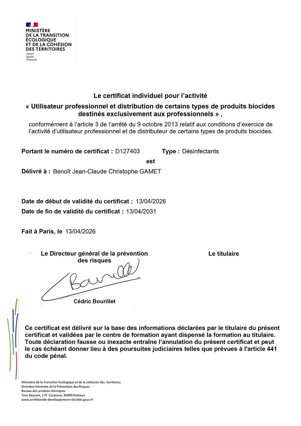 certification certibiocide pro debarras 71 gamet