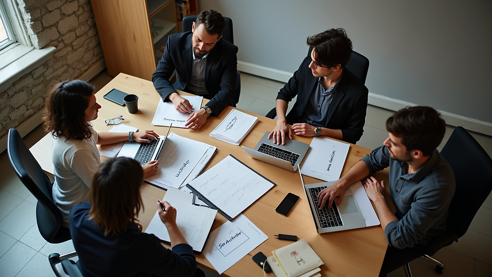 High angle view of a creative team brainstorming with digital devices