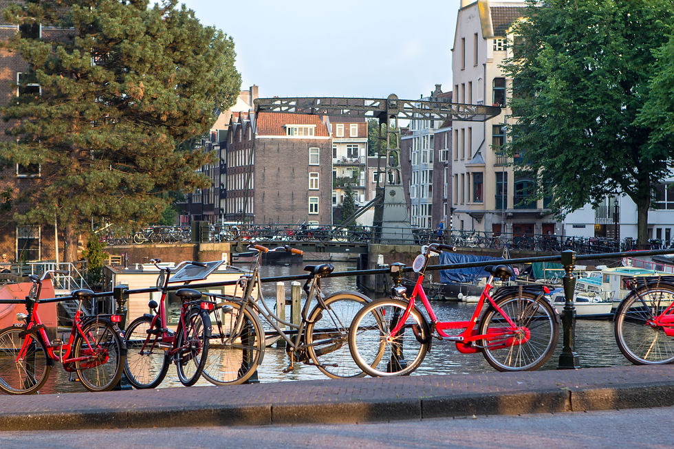 Amsterdam canal scene with bicycles and bridge