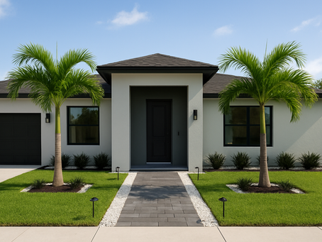 Luxury remodeled Miami home with coastal grey exterior walls, white trim, matte black front door, and charcoal roof framed by palm trees and modern landscaping.