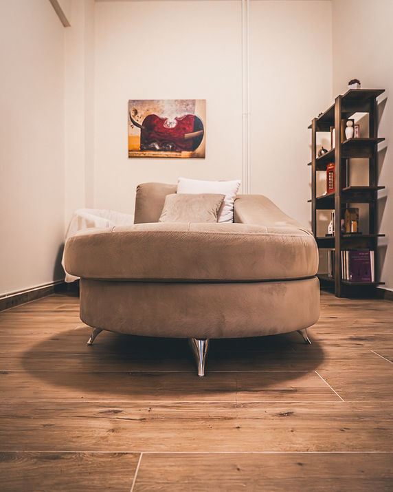 painting, couch and library at psychologist's office