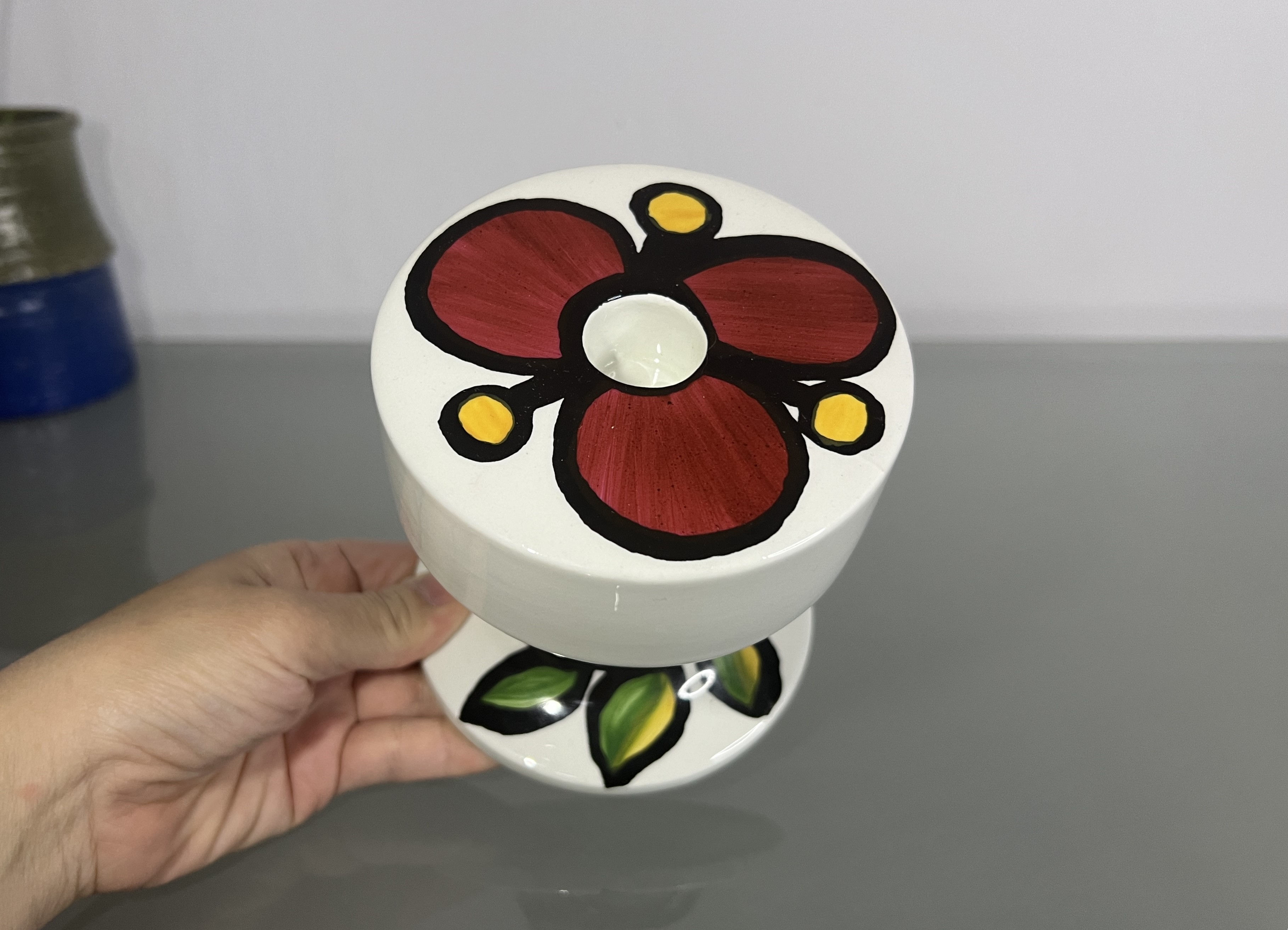 Arabia Finland Red Flower Candle Holder, Handpainted.