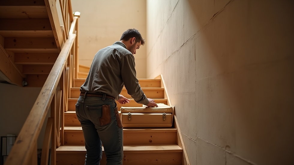 Vue rapprochée d’un artisan posant un habillage en bois sur un escalier