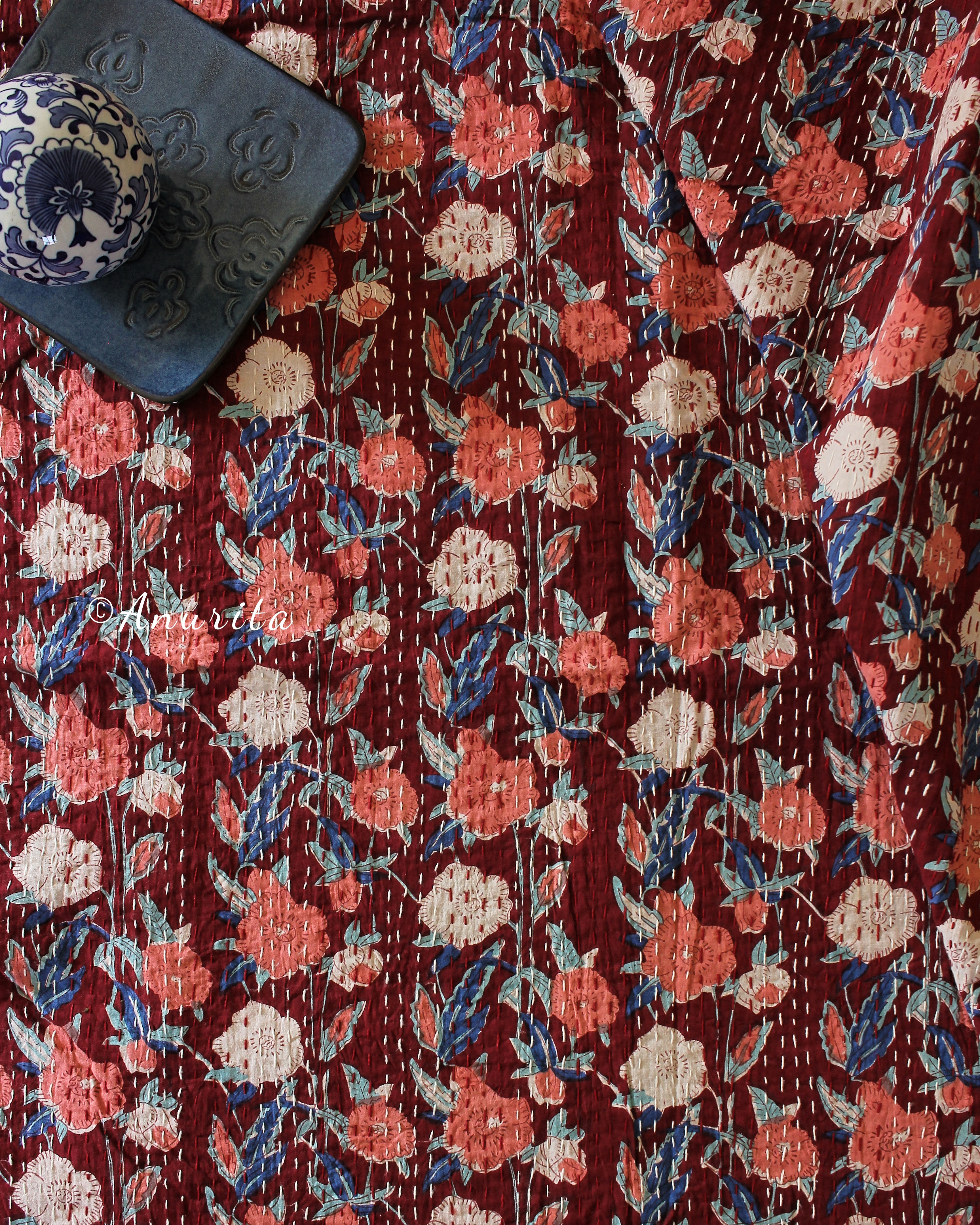 Standard Double Cotton Printed "Maroon Juhi" Gudri Bedspread