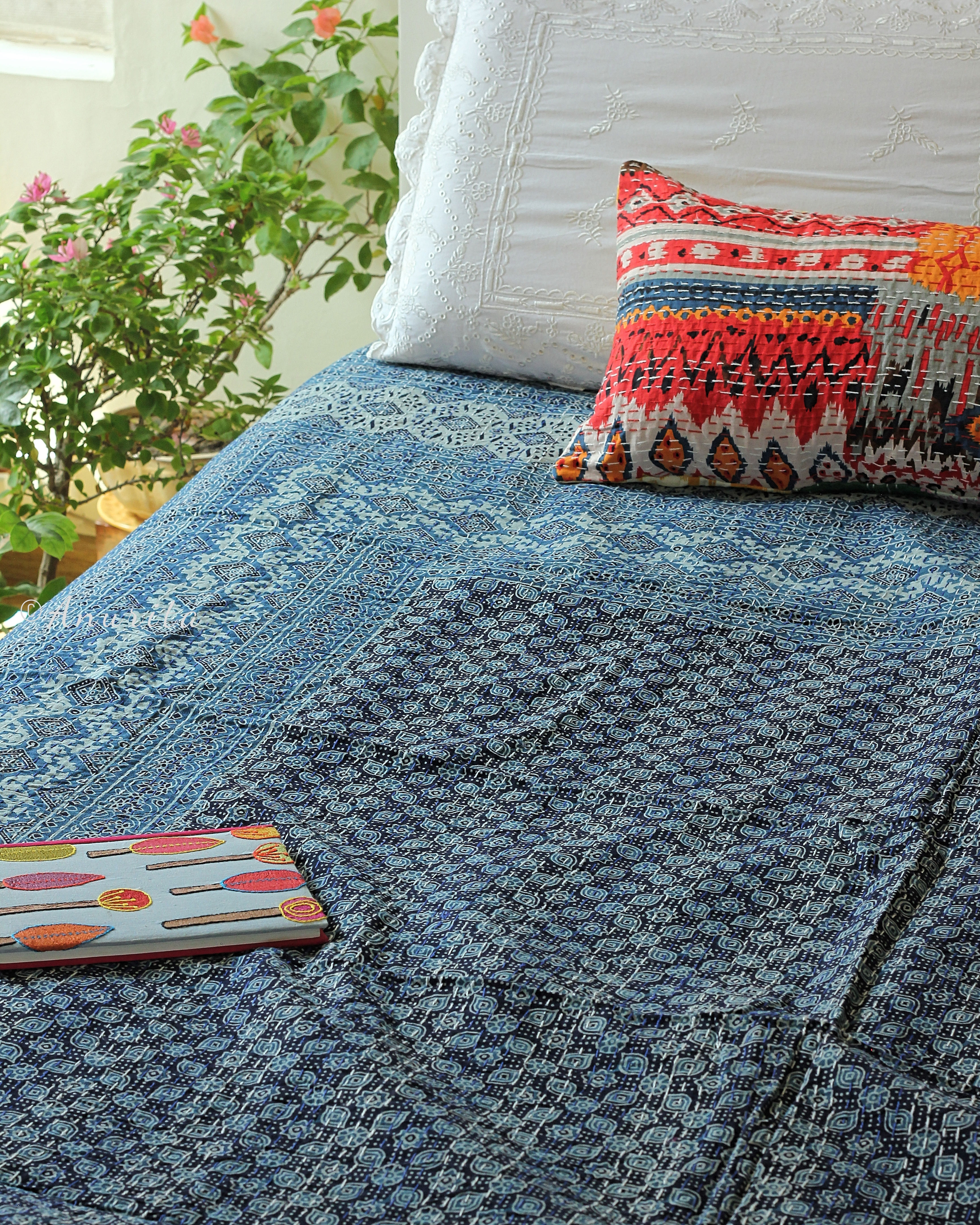 Standard Double Cotton Ajrakh Handblock Printed "Taal" Gudri Bedspread