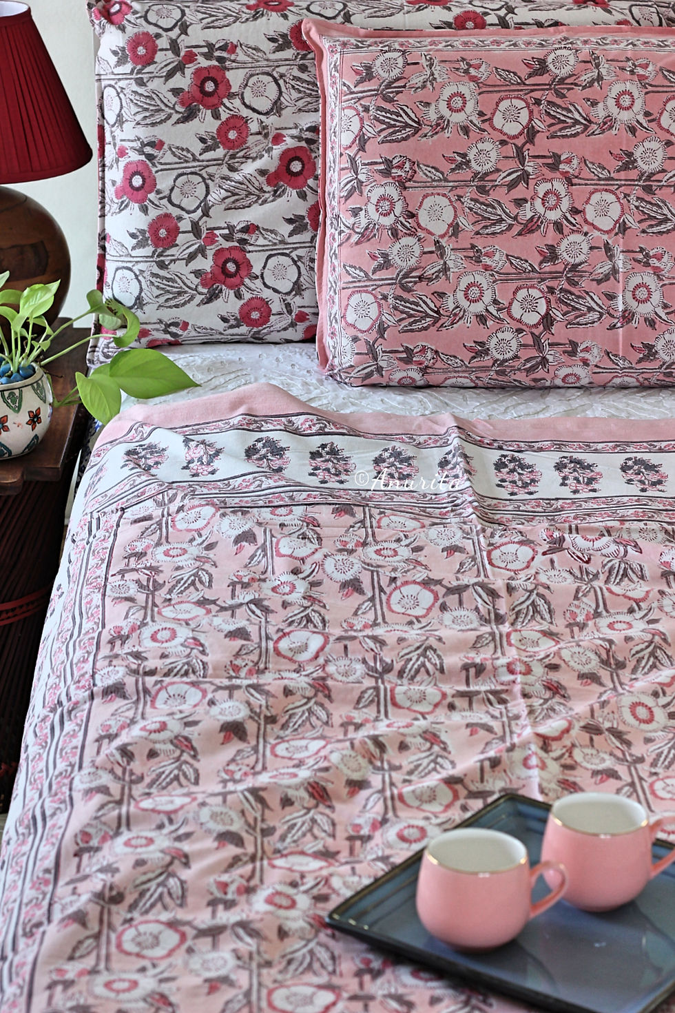 Double, Cotton, Block-Print "Pink Desire" Bedsheet-Pillow Case Set