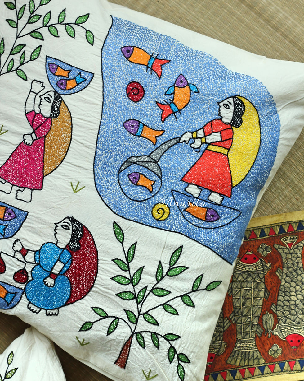 Thumbnail: Cotton Sujni "Machali Haat" Hand Embroidered Square Cushion Cover