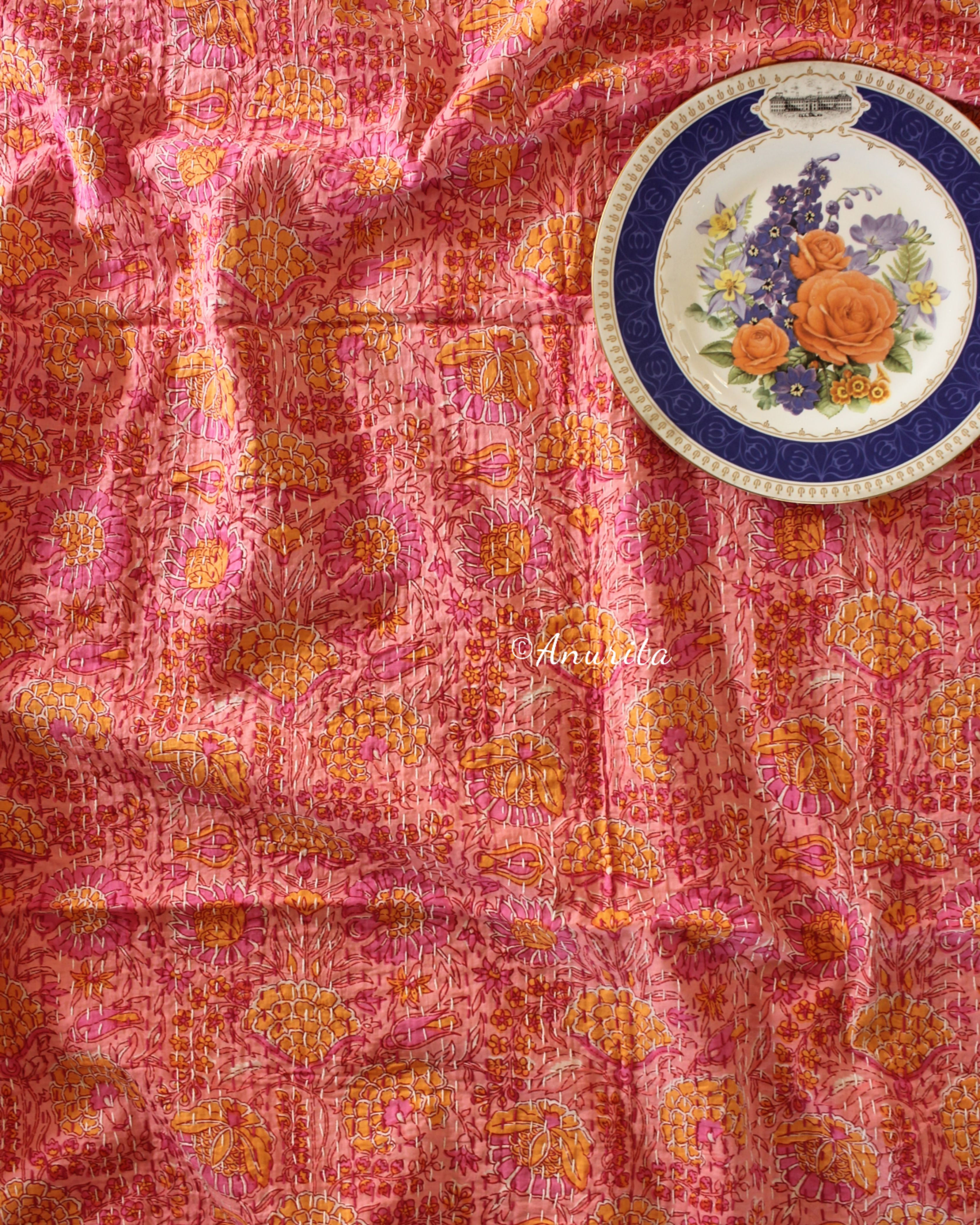 Standard Single Cotton "Pink Musings" Gudri Bedspread